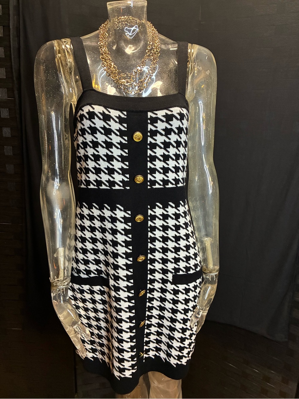 Black & White Houndstooth Knit Midi Dress with Gold Buttons - Picture 1 of 7